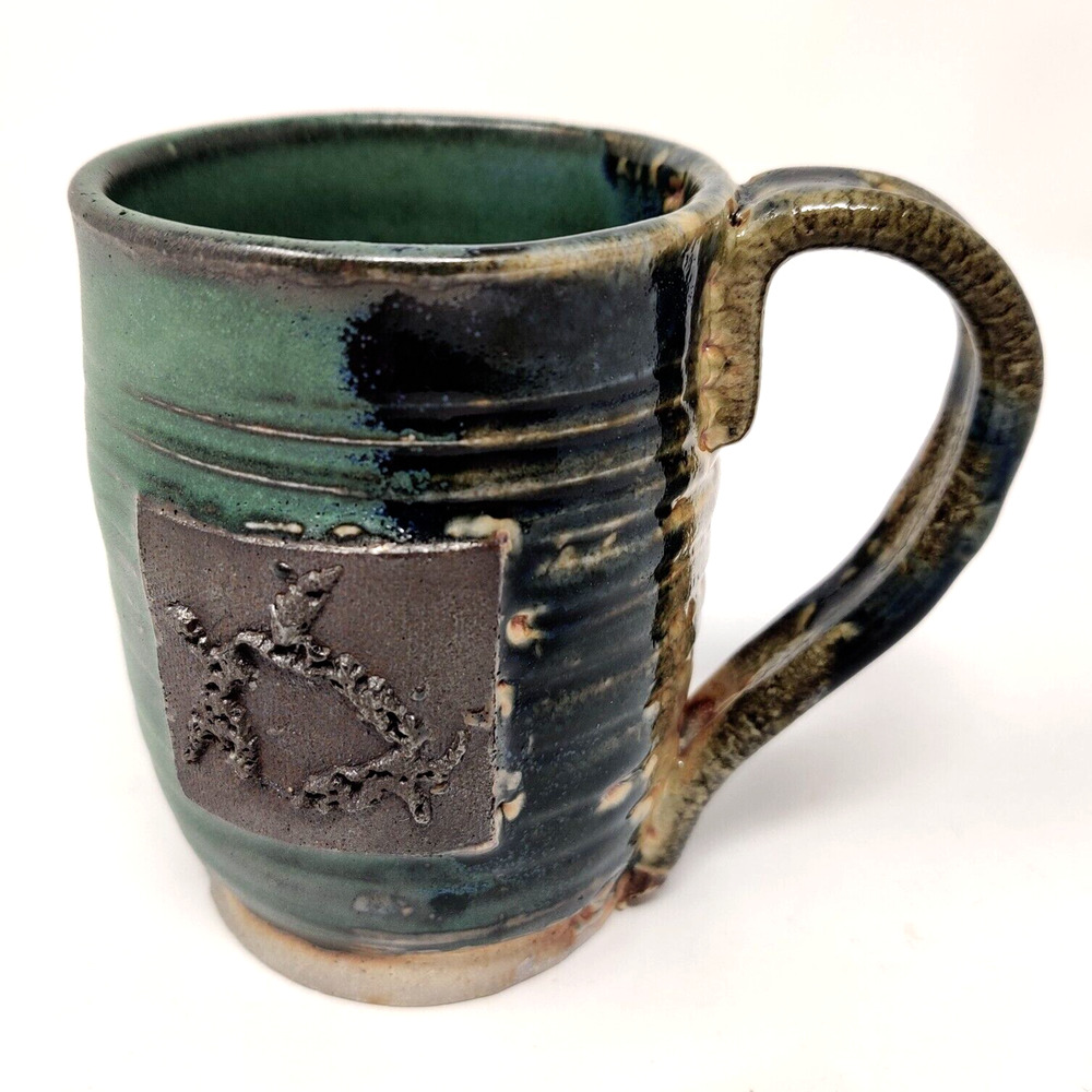 Signed Studio Pottery Mug Sea Turtle Badge Ocean Rustic Industrial Unique 2019